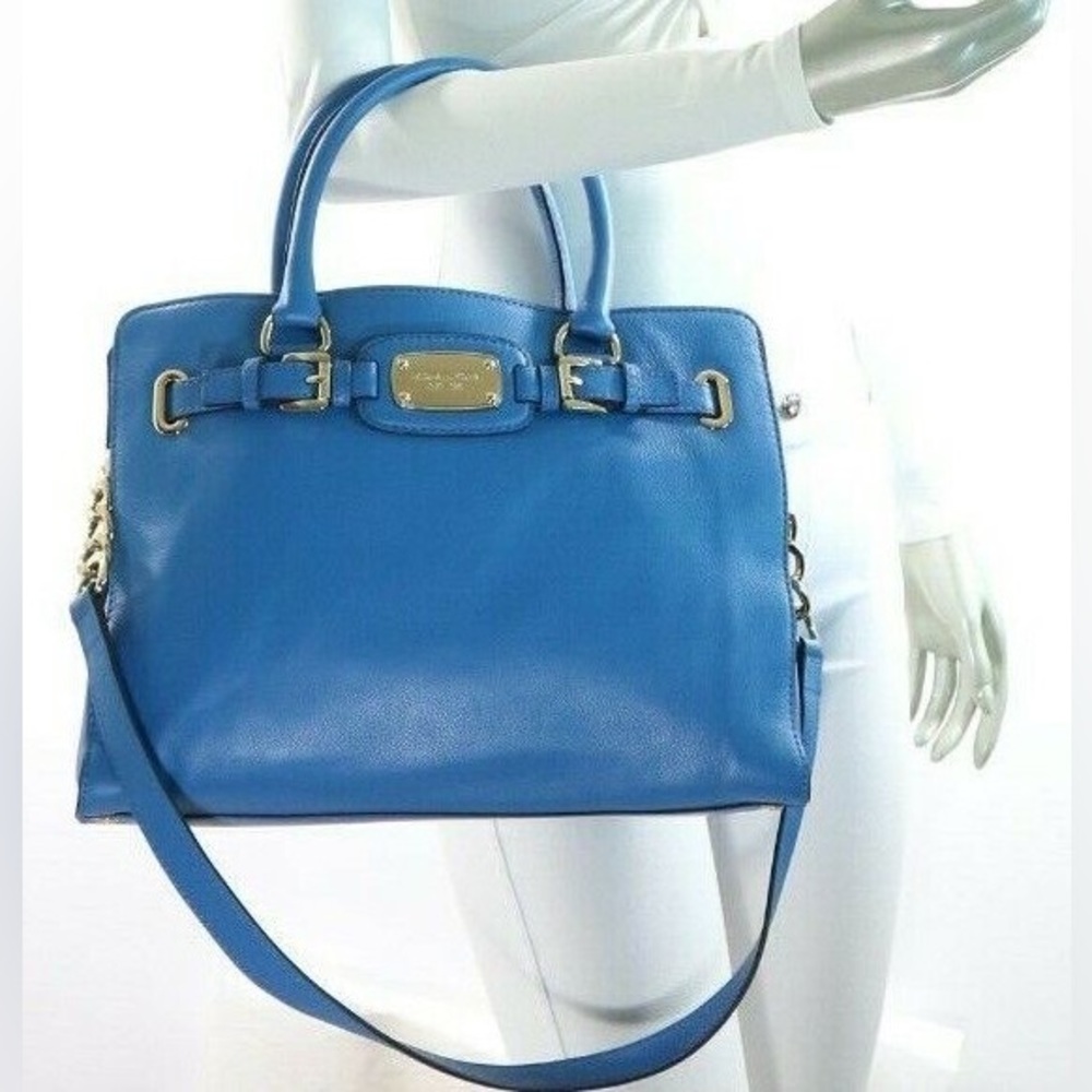 Michael Kors Hamilton Large East West Teal Gold Hardware Leather Purse Tote - Picture 2 of 13